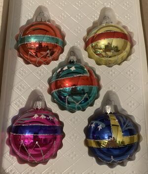 Vintage European Hand Decorated Glass Ornaments Christmas Set Of 5